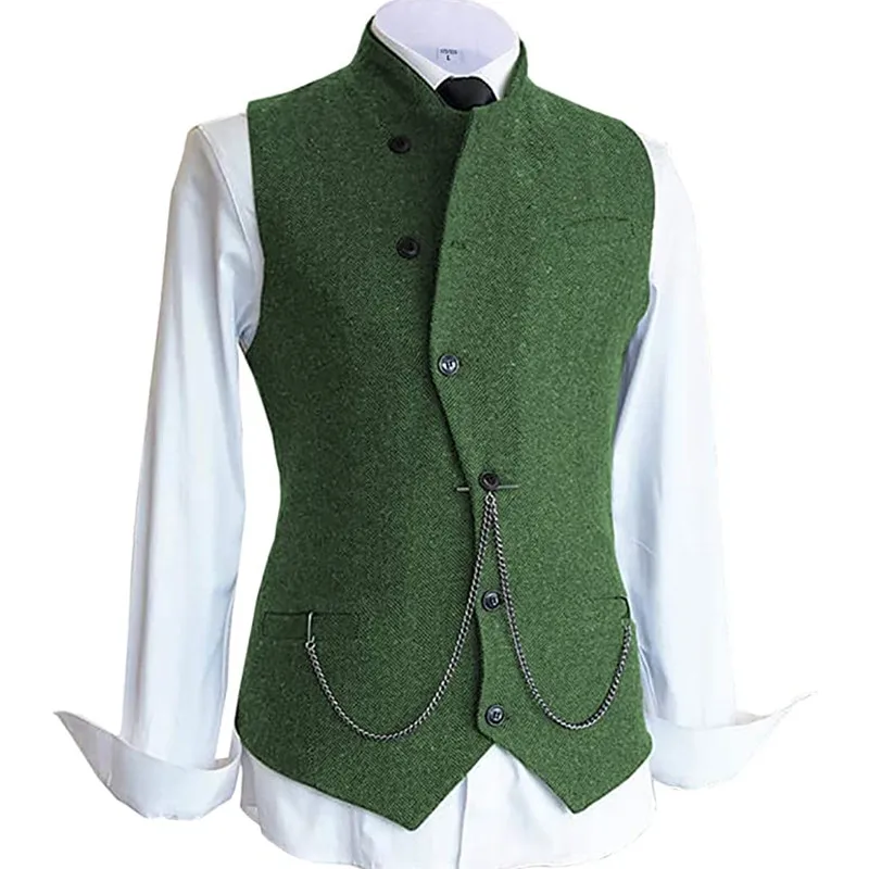 Men's Formal Suit Vest High Neck Slim Fit Tweed Waistcoat Herringbone Wool Vest Wedding