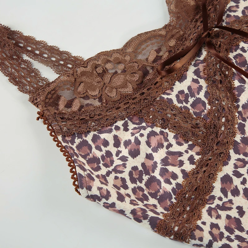 Y2k Leopard Lace Trim V-Neck Halter Tops Women Sexy Slim Hotsweet Bow Lace Up Tanks s New
