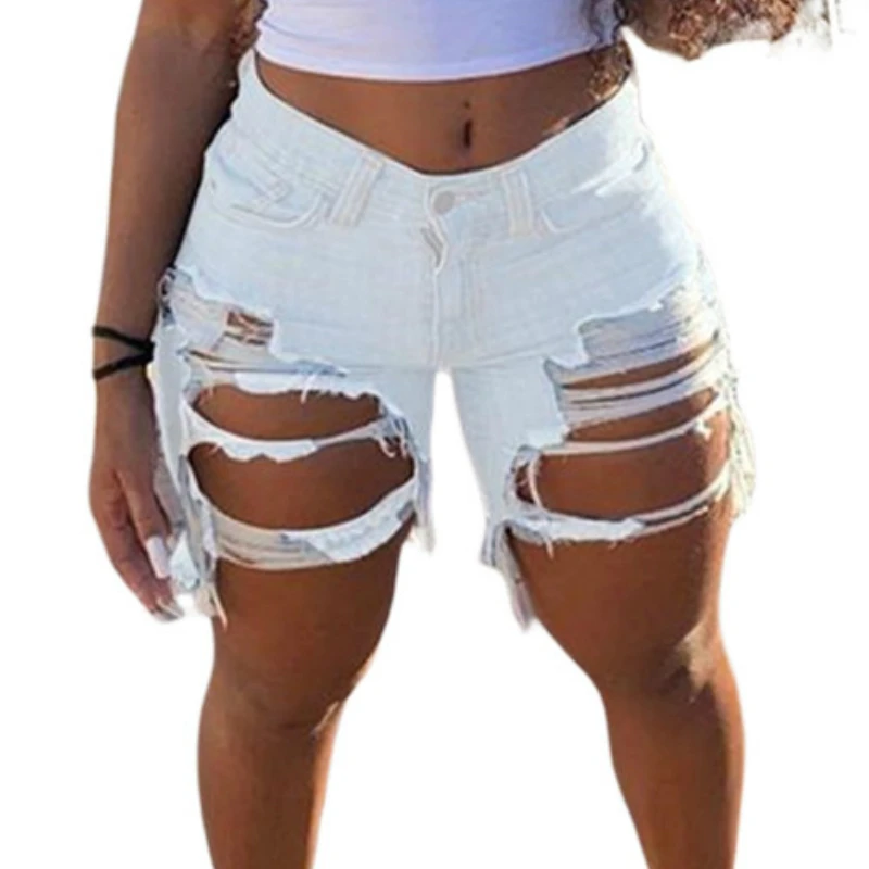 Summer Women Mid Waist Ripped Draped Destroyed Ladies Solid Holes Jeans Sexy Casual Fashion Shorts Female Slim Clothes Club XXL