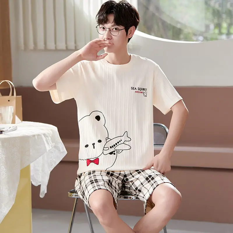 Cotton Summer Cartoon Pajamas for Men Thin Loose Short Sleeve Shorts can be worn outside sports home service suit men sleepwear
