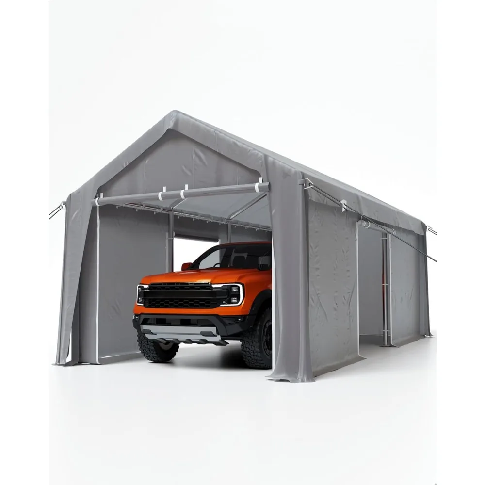 Description Picture 2 of itemCarport 13'x20' Portable Garage, 14 Mil PE Canopy & 1.0 mm Thick Heavy Duty Steel Poles, and 4 Roll-up Side Doors, for Fullsize