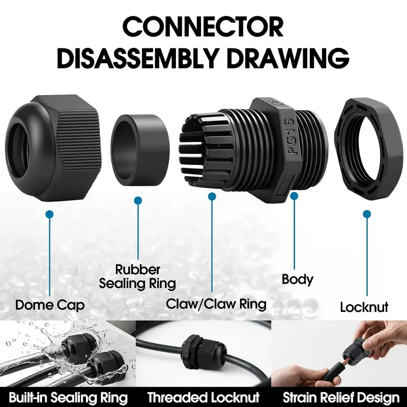 Durable Nylon Waterproof Cable Glands Kit for Secure Wire and Junction Box Installation
