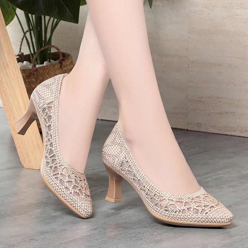 Summer Single Shoes Mesh Breathable Versatile High Heels Women's Shoes Middle-Aged Temperament Pointed Toe Shallow Mouth Shoes 1 Summer Single Shoes Mesh Breathable Versatile High Heels Women's Shoes Middle-Aged Temperament Pointed Toe Shallow Mouth Shoes 1