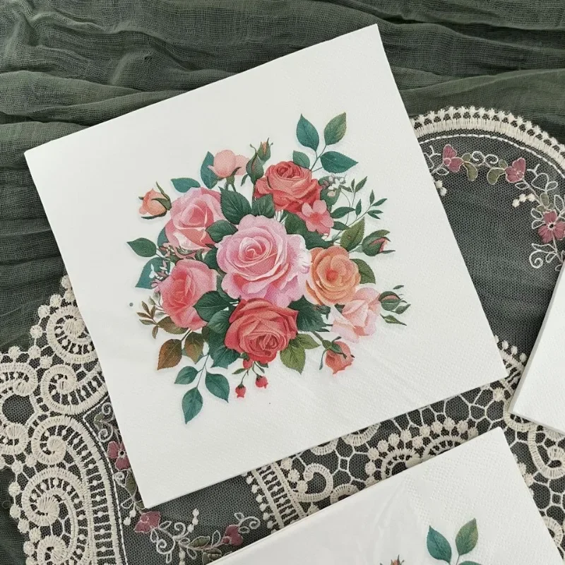 10/20pcs 33cm 2-Ply Rose Bouquet Napkins Wedding Hotel Printed Handkerchiefs Valentine's Day Confessions Decorative Napkins