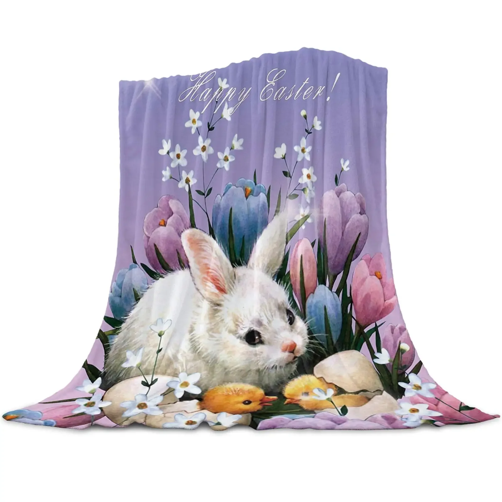 Happy Easter Flannel Throw Blanket Soft Warm Blanket, Bunny Tail Stripes Eggs Teal Wooden Grain Blankets for Bedroom Couch Sofa 4
