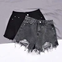 High Waist Denim Shorts for Women Summer Fashion Hole Ripped Versatile Black Grey Cotton Hot Pants Female Clothing Shorts