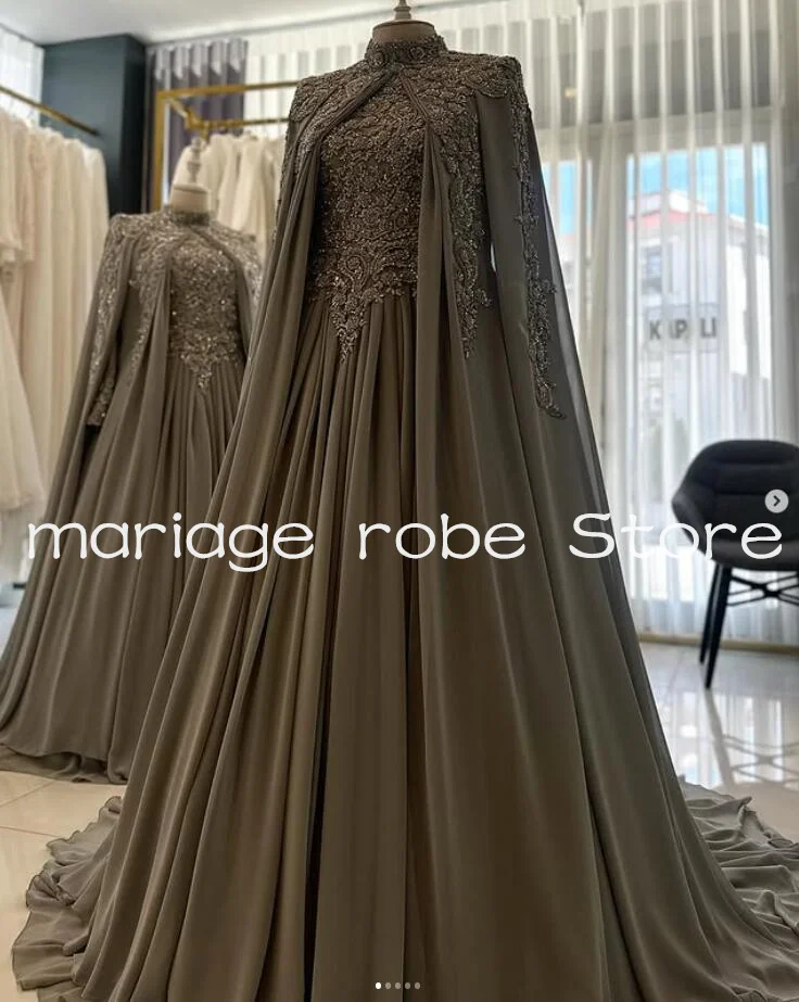 Muslim Caftan Prom Dresses with Cape Sleeve Embroidery Lace Kaftan Evening Gown