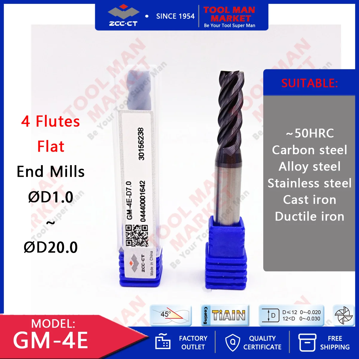ZCC.CT GM4E 4 Flutes Flat General Solid Carbide End Mills D1.0D20.0