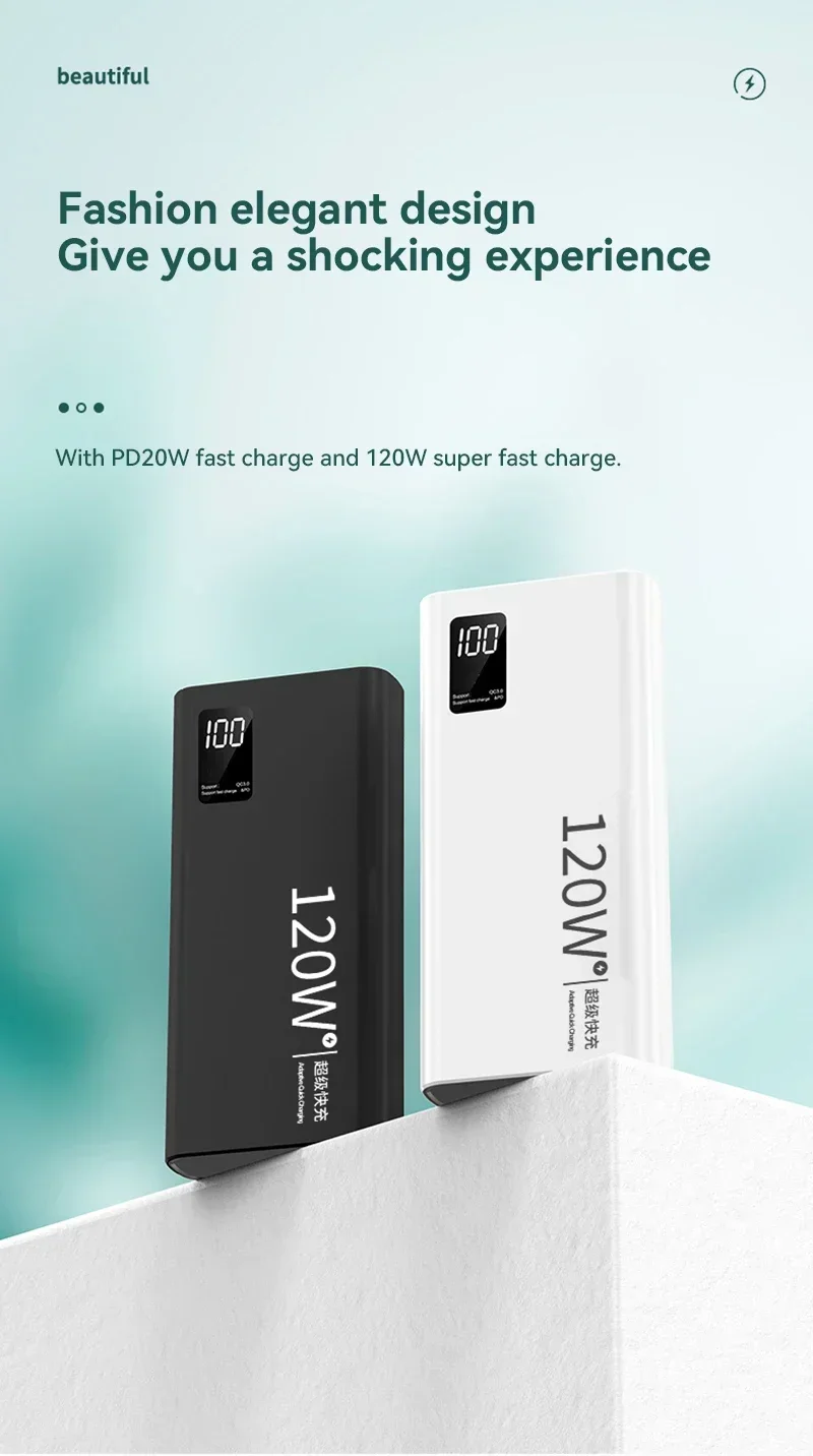 120W Power Bank 200000mAh High Capacity Fast Charging Portable Battery Charger F