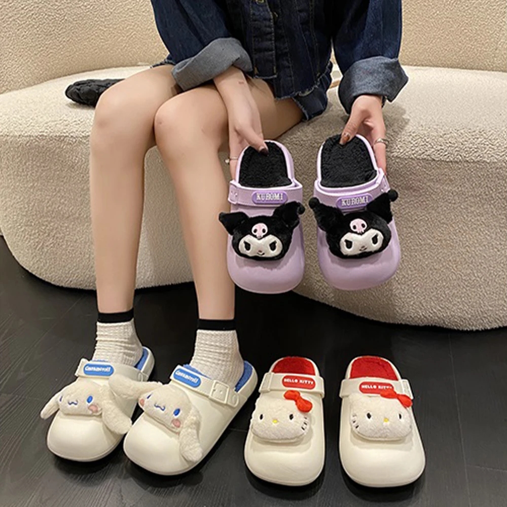 

Аниме Hello Kitty Sanrioed женские плюшевые тапочки кавайная кукла Kuromi Cinnamoroll зимняя теплая Домашняя хлопковая обувь для девочек Нескользящие Симпатичные