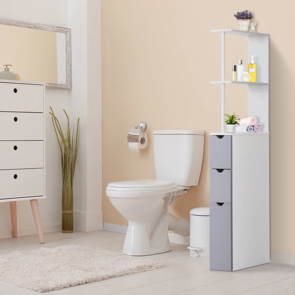 HOMCOM 54" Tall Bathroom Storage Cabinet, Freestanding Linen Tower With 2-Tier Shelf And Drawers, Narrow Side Floor Organizer, W 3