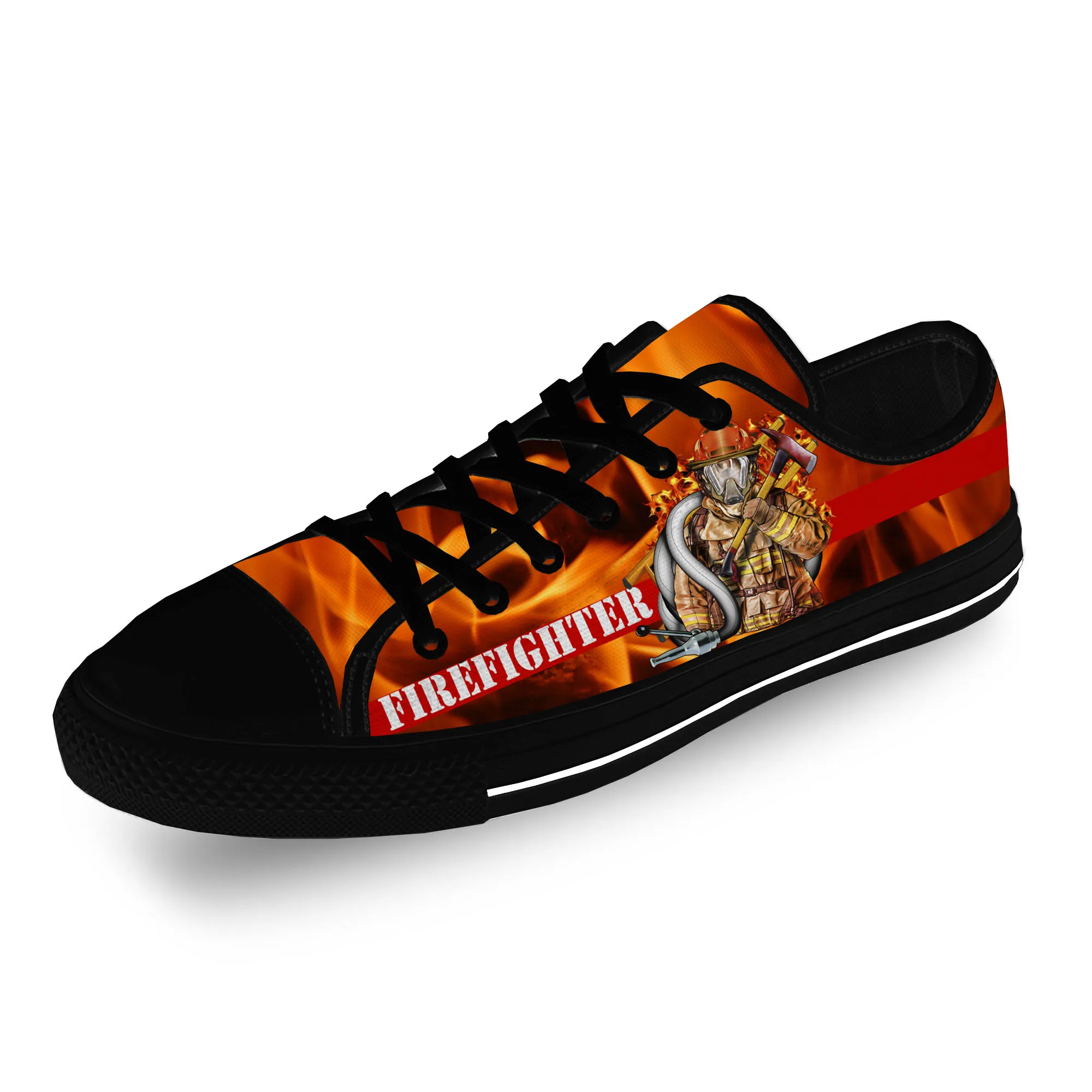 Firefighter Low Top Sneakers Mens Womens Teenager Casual Shoes Canvas Running Shoes 3D Print Breathable Lightweight shoe Black