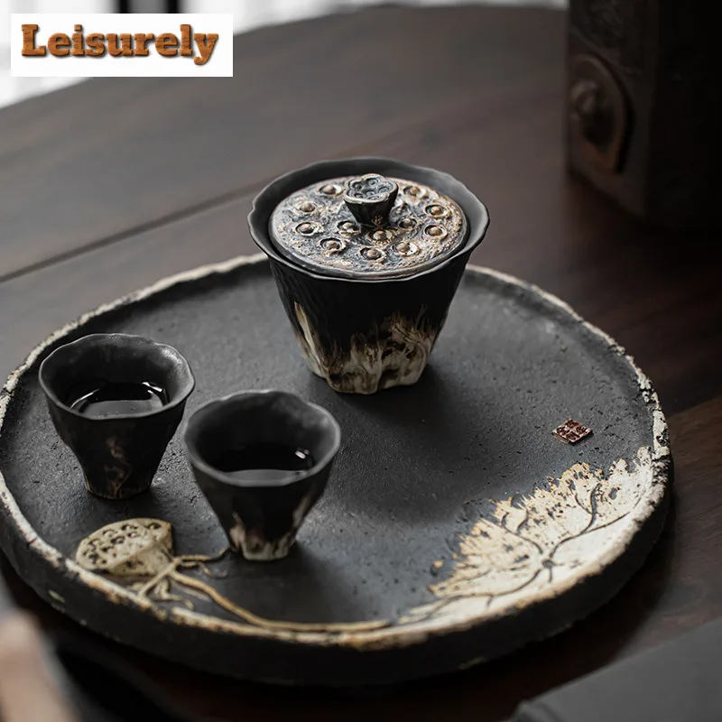 200ml Wabi Sabi Style Gaiwan Luxury Relief Lotus Rhyme Tea Tureen Household Tea Maker Cover Bowl Tableware Supplies Ornaments