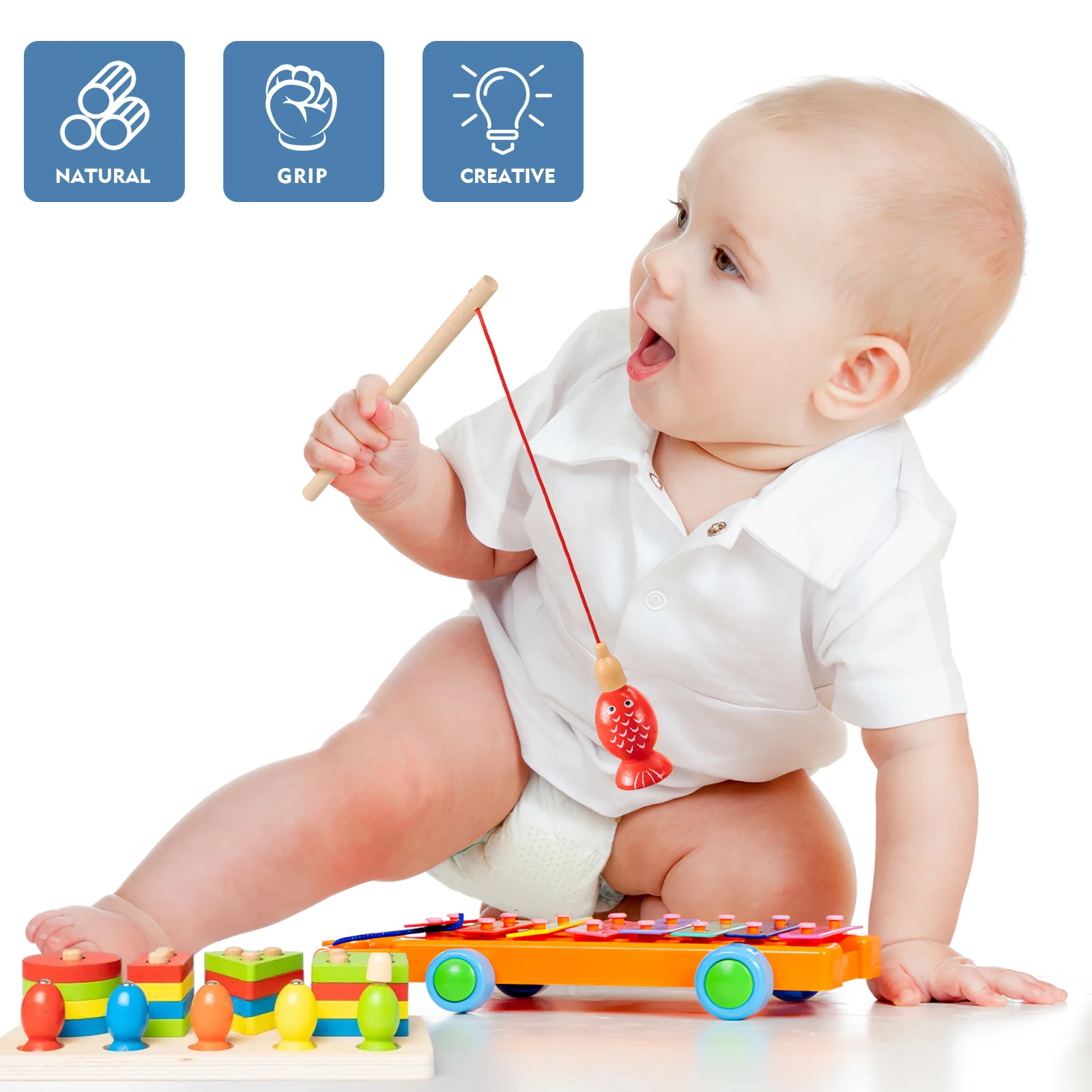 12 Pcs Wooden Fishing Rod Toy Poles for Toddler Magnetic Rods 2-3 Years Old Kid