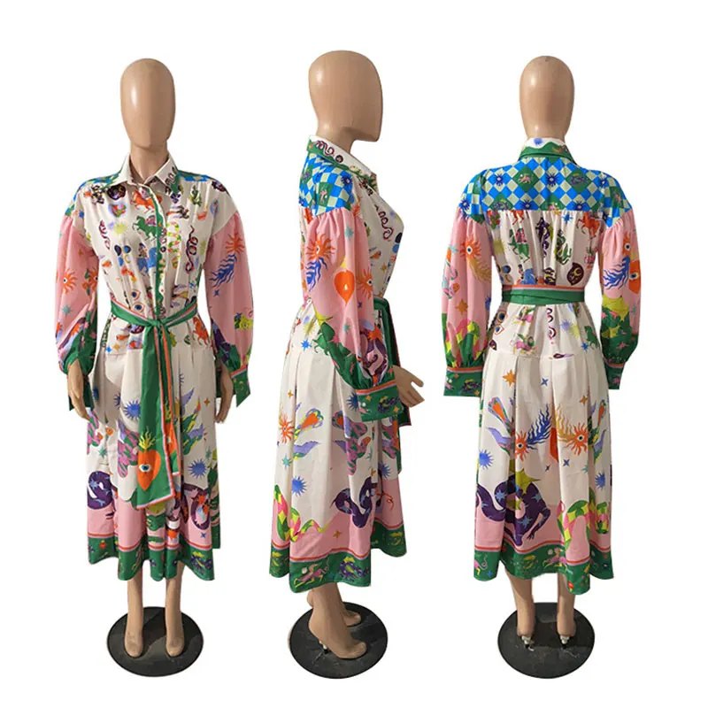 Polo Neck Printed Vintage Long Dress Princess Sleeves Lace-ups High Waist Big Hem Vestidos Casual Fashion Literary Elegant Robe
