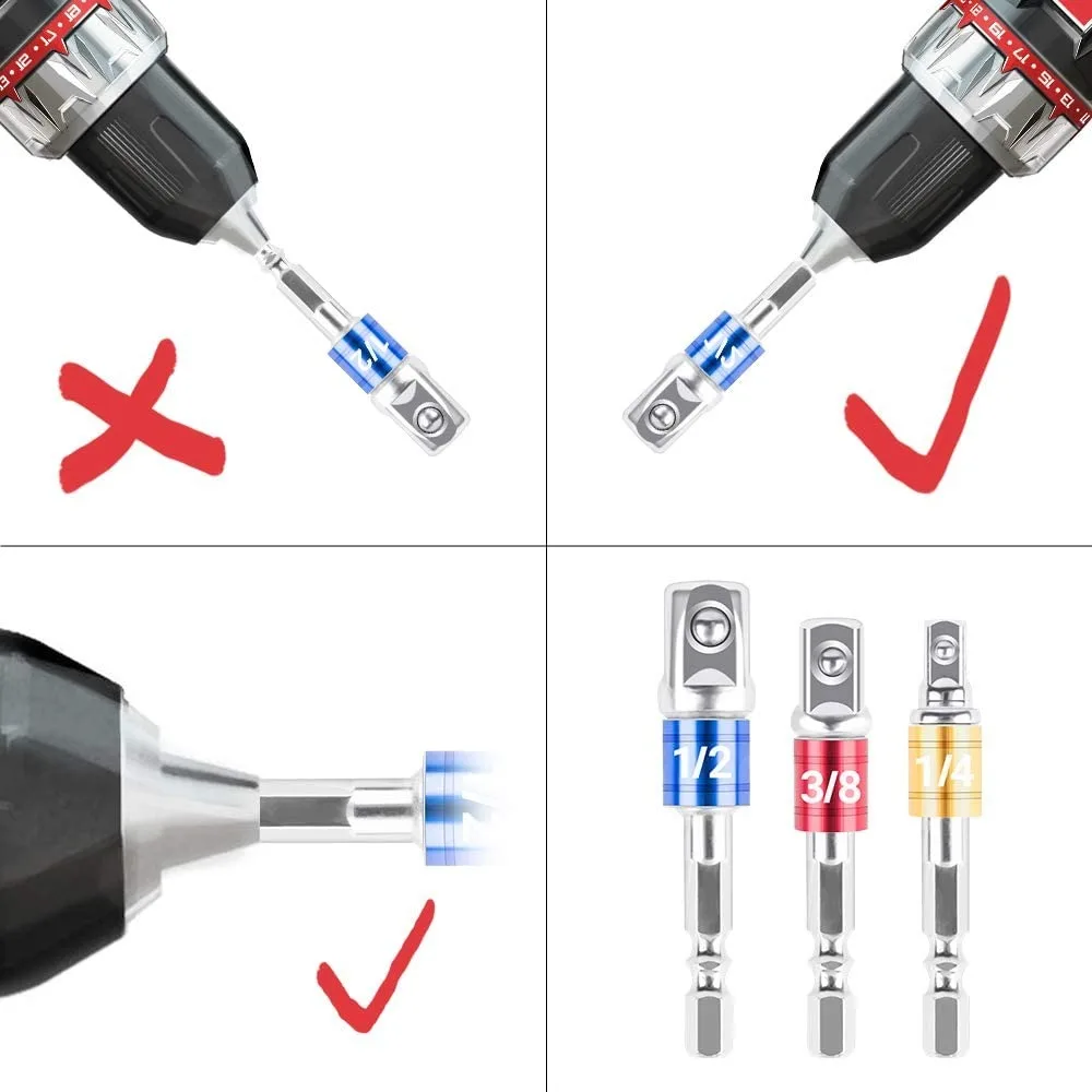 STONEGO 1PC/3PCS Socket Adapter Set Hex Shank Drill For Impact Driver Square Socket Drill Bits Bar Extension 1/4" 3/8" 1/2"