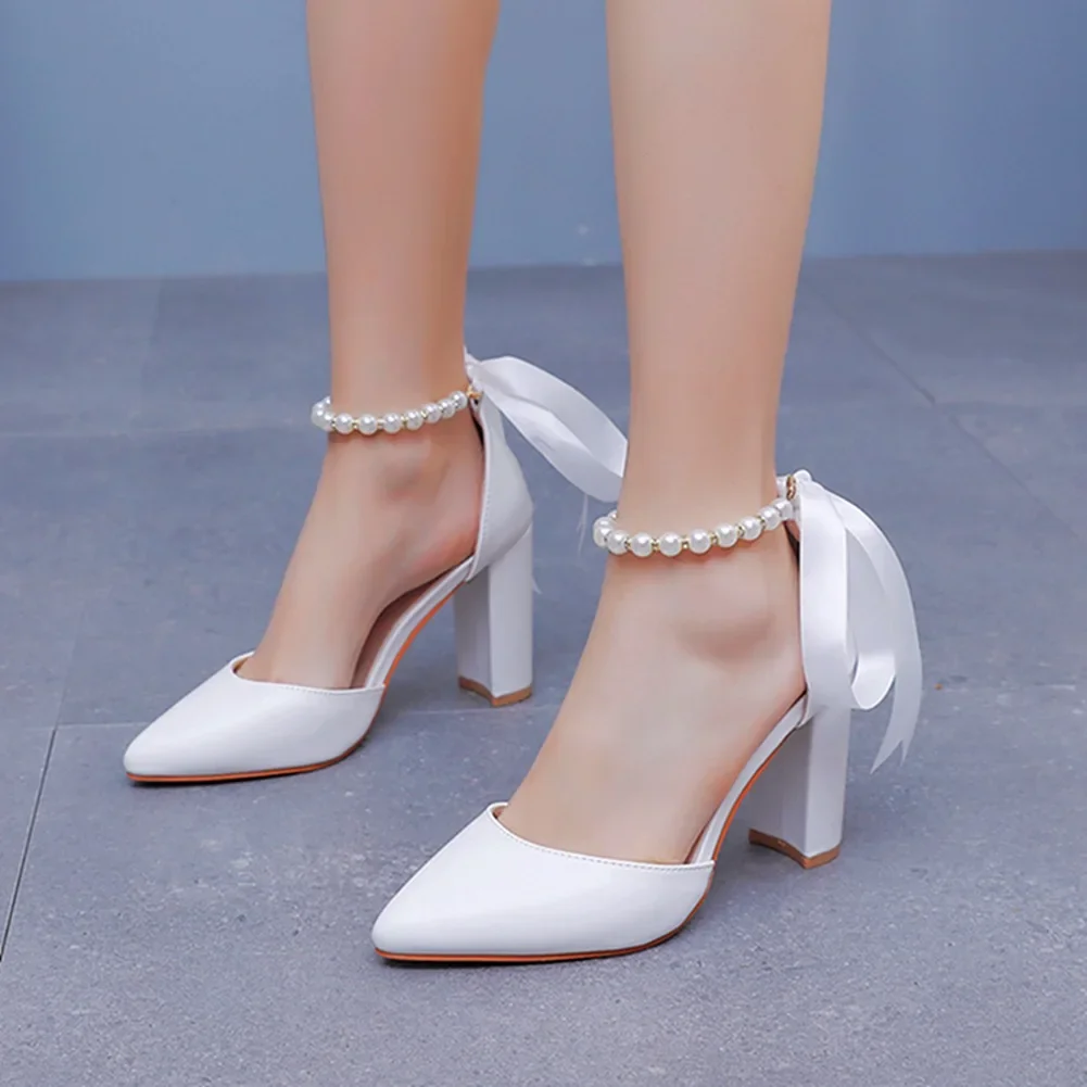 Women's New Luxury Pearl Rhinestone Wedding Party Thick High-heeled Hollow Pointed Single Shoes