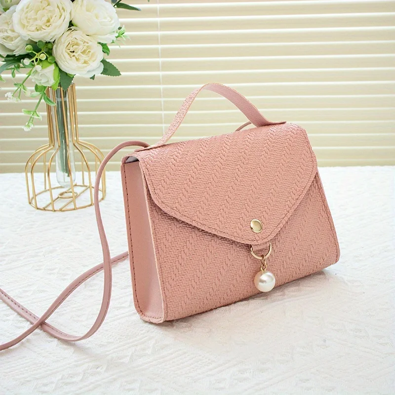 Borsa a tracolla da donna casual con perline, tracolla regolabile, borsa piccola quadrata a spalla singola con perle, stile fresco e dolce._voghion.com