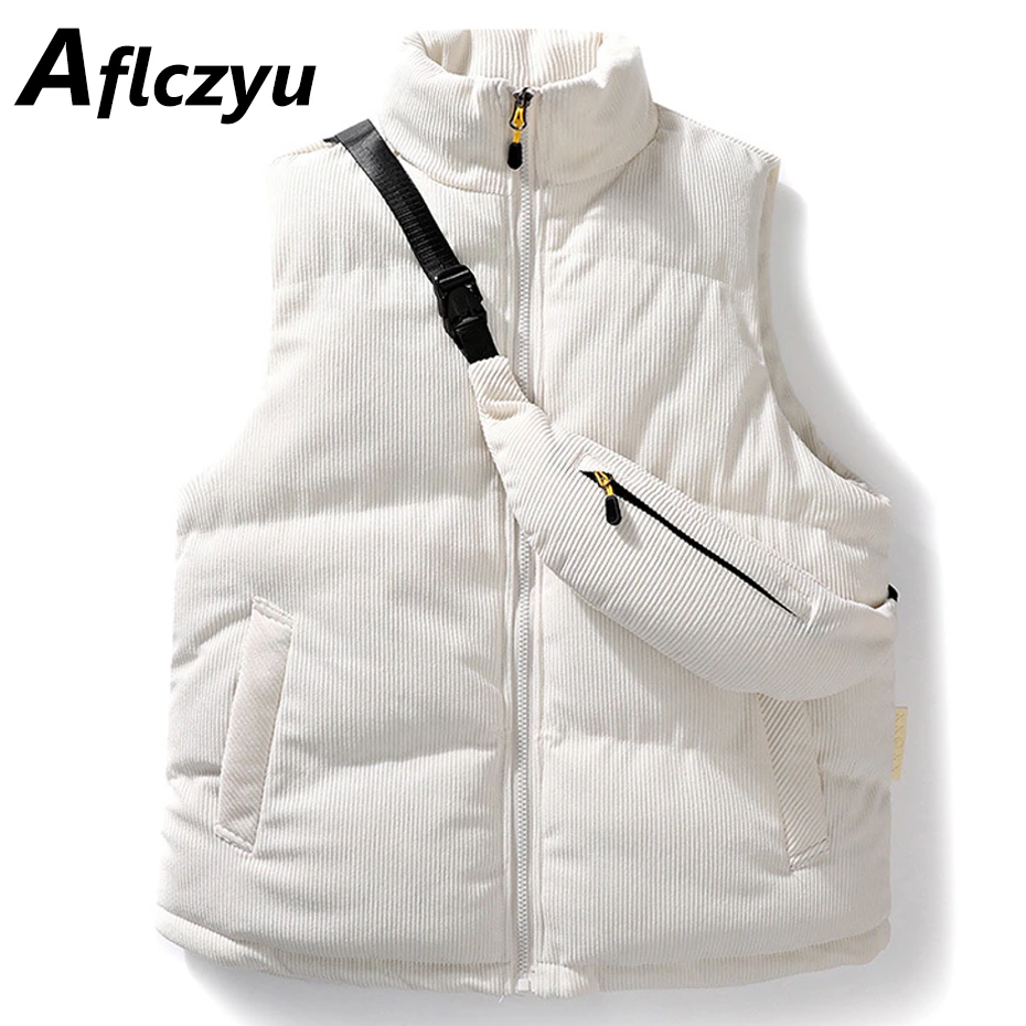 Winter Thick Vests Men Solid Color Sleeveless Jacket Male Winter Corduroy Vests Fashion Casual Vest with Bag
