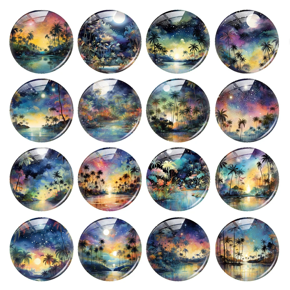 

Handmade Watercolor Starry Night Moon Coconut Tree Photo Glass Cabochon Charms Demo Flat Back Cameo For Diy Jewelry Making