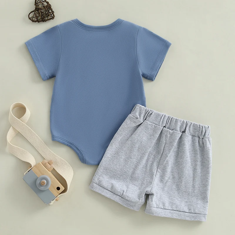 Set di pantaloncini estivi per neonato da 0 a 6 mesi, pagliaccetto con stampa di lettere a maniche corte e set di pantaloncini in tinta unita 3
