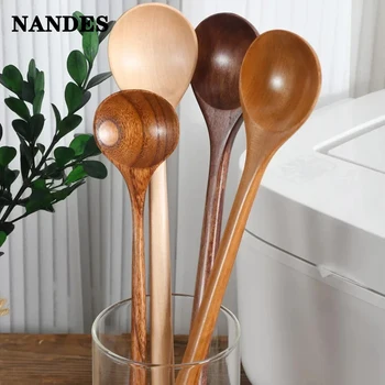Cucchiai coreani lunghi in legno Asta per mescolare caffè naturale Manico per cucchiaio da tè e dessert rotondo per stoviglie da zuppa Forniture da cucina 1