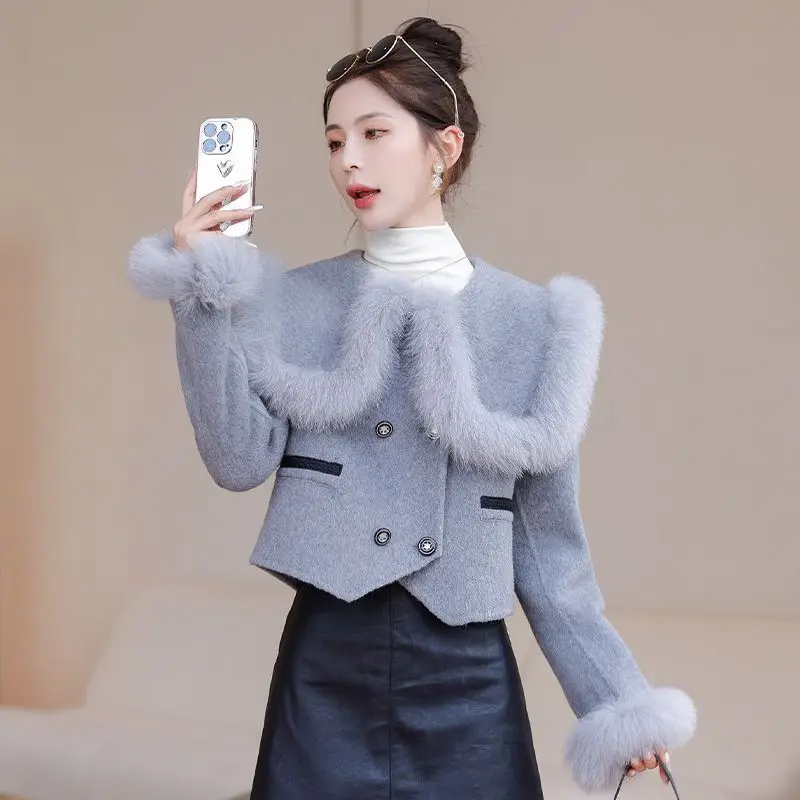 여성 가을 ??겨울 기질 회색 살구 두꺼운 모직 코트 짧은 모직 재킷