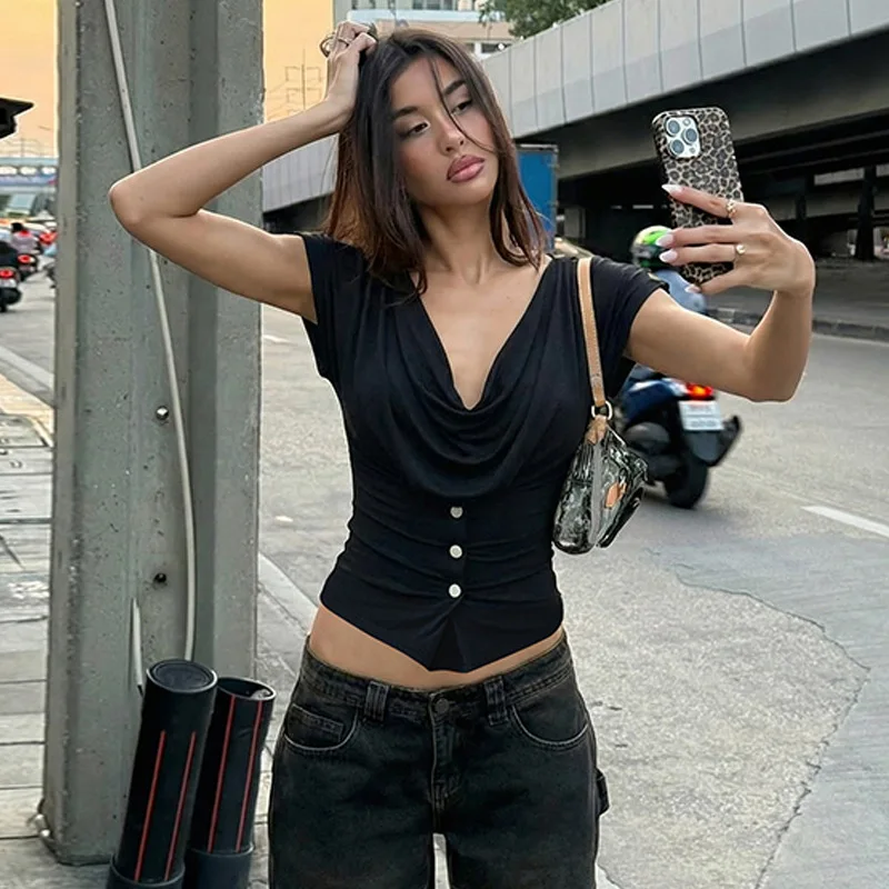 Tuularose Women Summer Top Fashion Button-Front Patchwork V-Neck Pleated Fitted Top New Casual High-Street Party Female T-Shirts