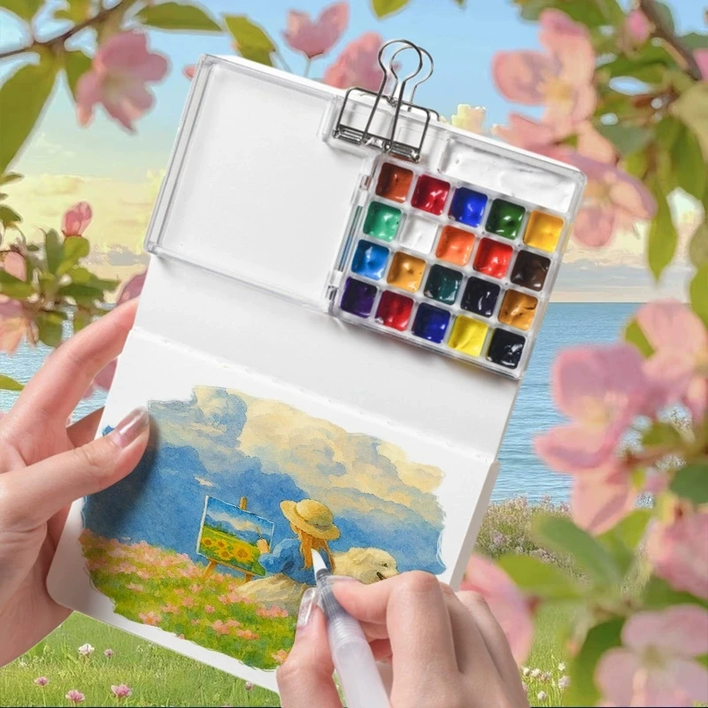 15/8 Compartments Paint Tray, 1 Paint Brush, and a Watercolor Sketchbook, 12 Colors Pigment, 1 Clamp - Perfect for On-the-Go Art - 2