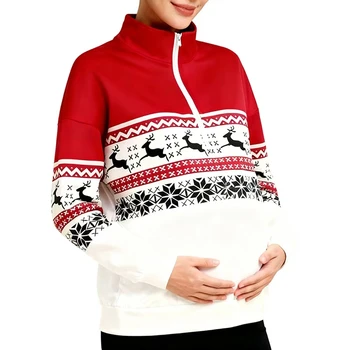 Autumn Women Maternity Christmas Hooded Sweatshirts Top Pregnant Long Sleeve Patchwork Jumpers Youth Pregnancy Maternity Clothes