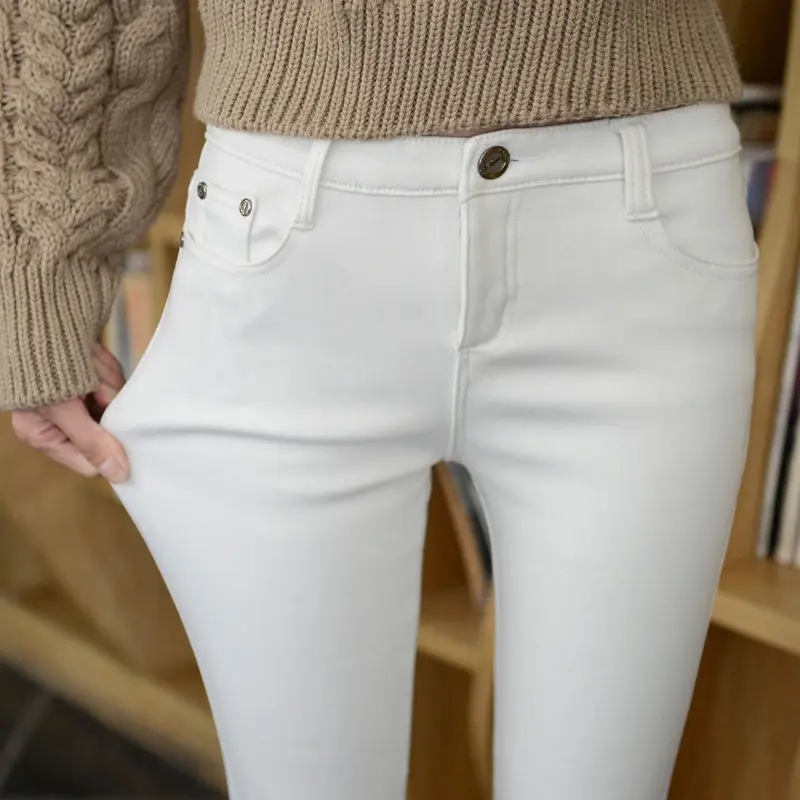 Candy Color Plus Size Mid Waist Skinny Jeans Fleece Denim Pants Stretch Jeans Pencil Pant Winter Thicken Velvet Warm Jeans Women winter thicken plus