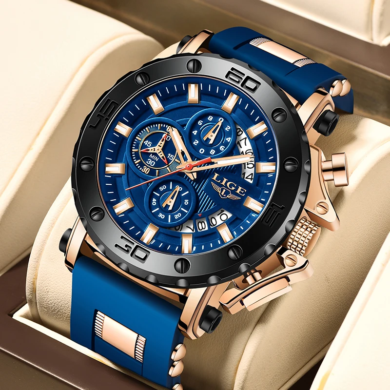 

LIGE Watches Men Sport Chronograph Quartz Men Watch Fashion Blue Silicone Strap Big Dial Wrist Watch Male Waterproof Date Clock