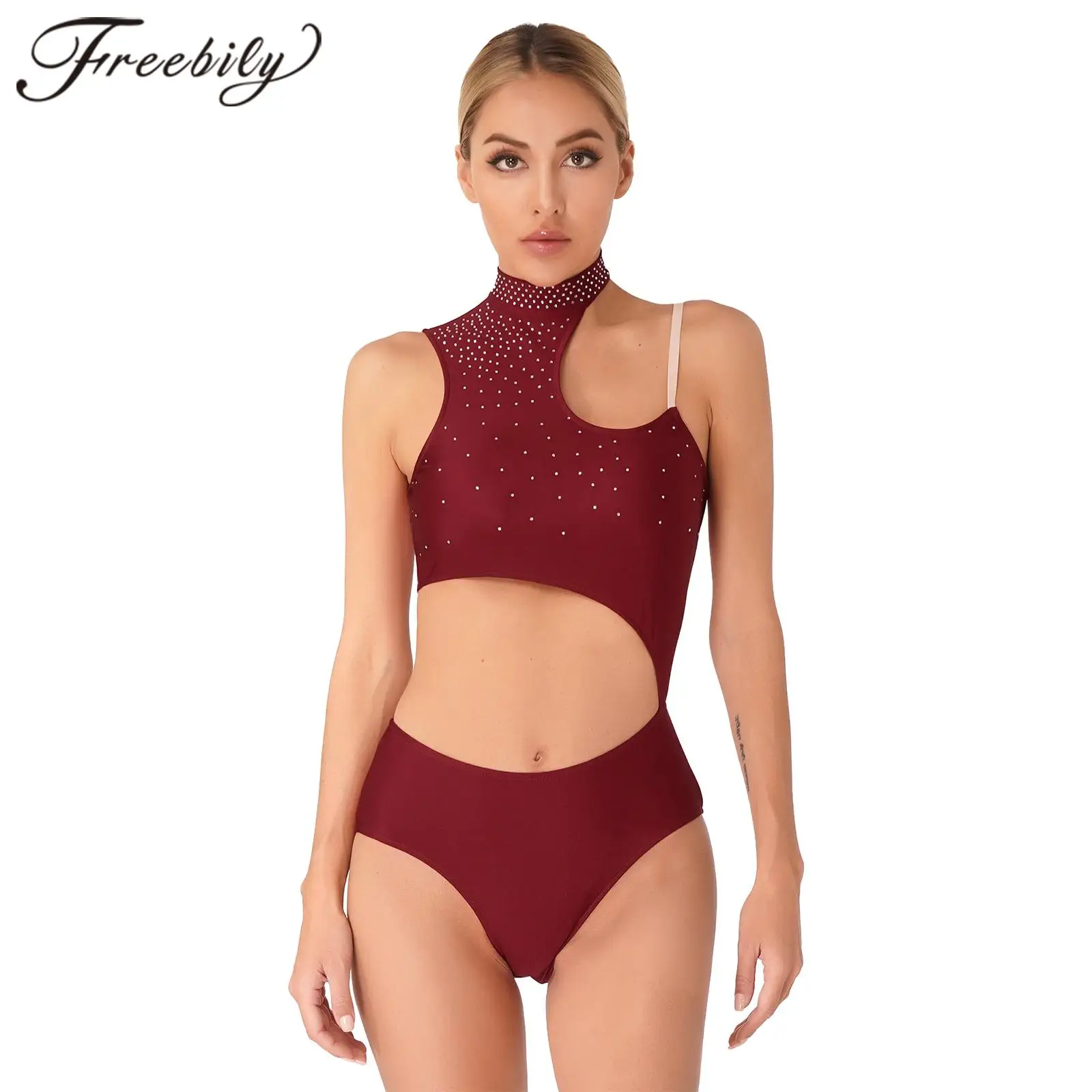 

Womens Sleeveless Gymnastics Bodysuit for Woman Acrobatics Figure Skating Jumpsuit Glittery Rhinestone Cutout Dance Leotard