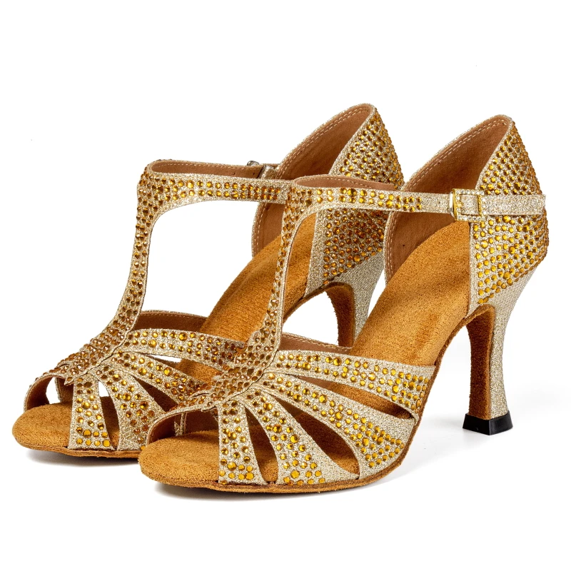 Latin Dance Shoes 2025 New Adult Women's Mid Heel 7.5cm Gold Diamond Set Soft Bottom Dance Shoes 3