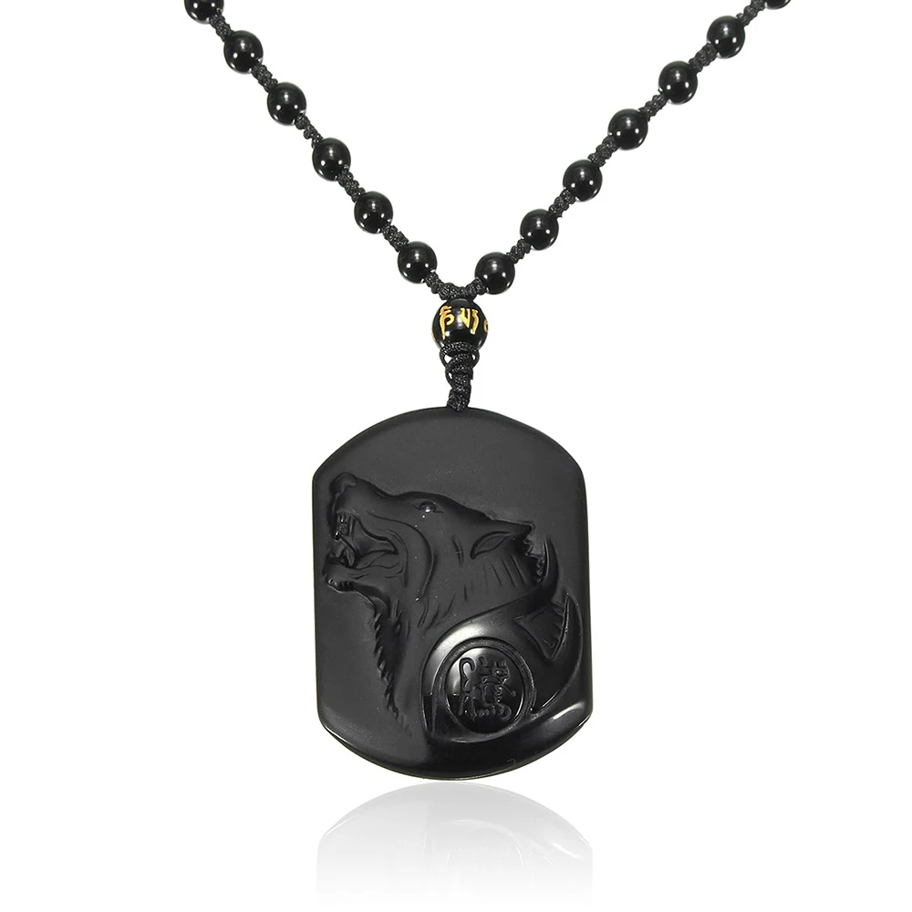 

Wolf Head Amulet Pendant Natural Black Obsidian Carving Obsidian Blessing Lucky Pendants Fashion Jewelry Free Necklace