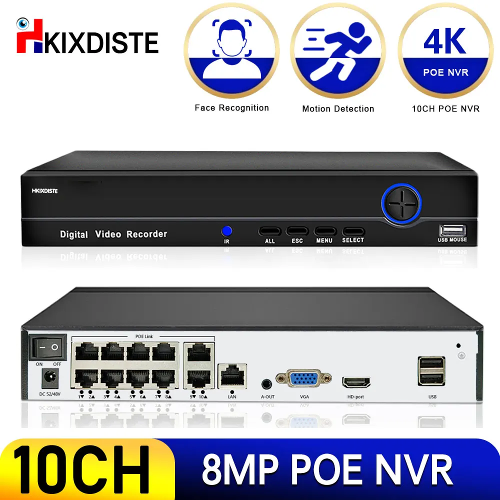 

10CH 8CH 4K CCTV POE NVR Video Recorder AI Human Face Motion Detection H.265 8MP 5MP IP Camera CCTV System P2P Network Xmeye