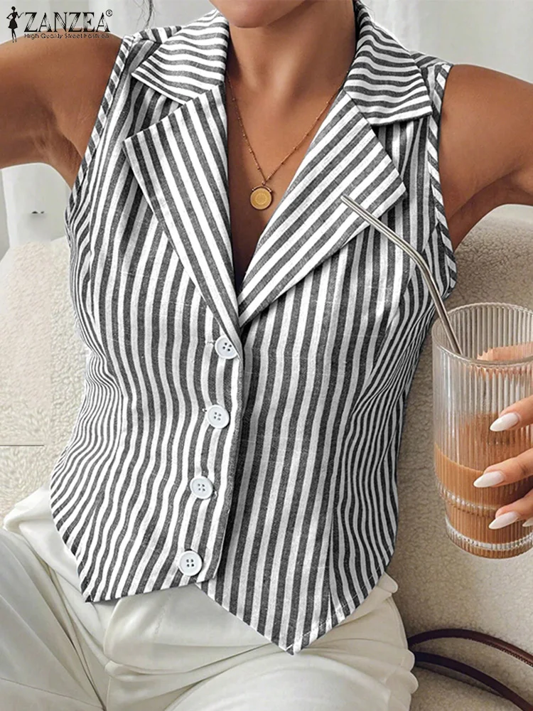 Fashion Summer Sleeveless Stripe Tanks Tops 2025 ZANZEA Office Lady Blouses Women Shirt Stylish Holiday Tees Irregular Hem Camis 1
