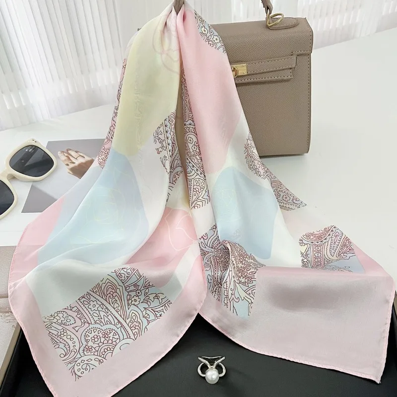1pcs Cashew Flower Rose Pattern Silk Scarf Women's Simulated Silk Fresh and Elegant Versatile Fashion Decorative Square Scarf 4