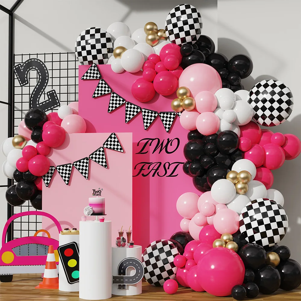 143Pcs Racing Theme Balloon Wreath Arch Set Rose Red Black Latex Balloon Track Digital 1 Anno Girl Birthday Party Baby Shower