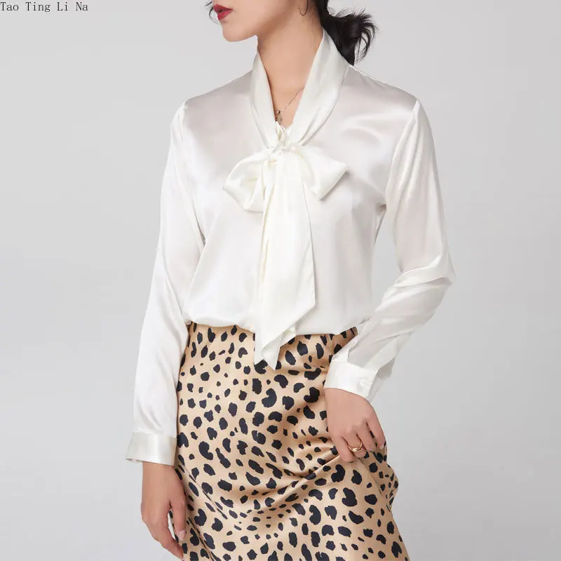 Women New Genuine Mulberry Silk Shirt V-neck Bow and Large Ribbon Real Silk Shirt O3
