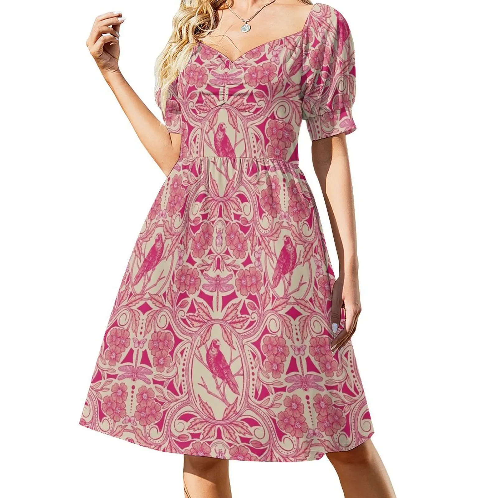 

Hot Pink/Red & Cream Crow & Dragonfly Floral Sleeveless Dress Women's dress elegant dress Summer dresses for women