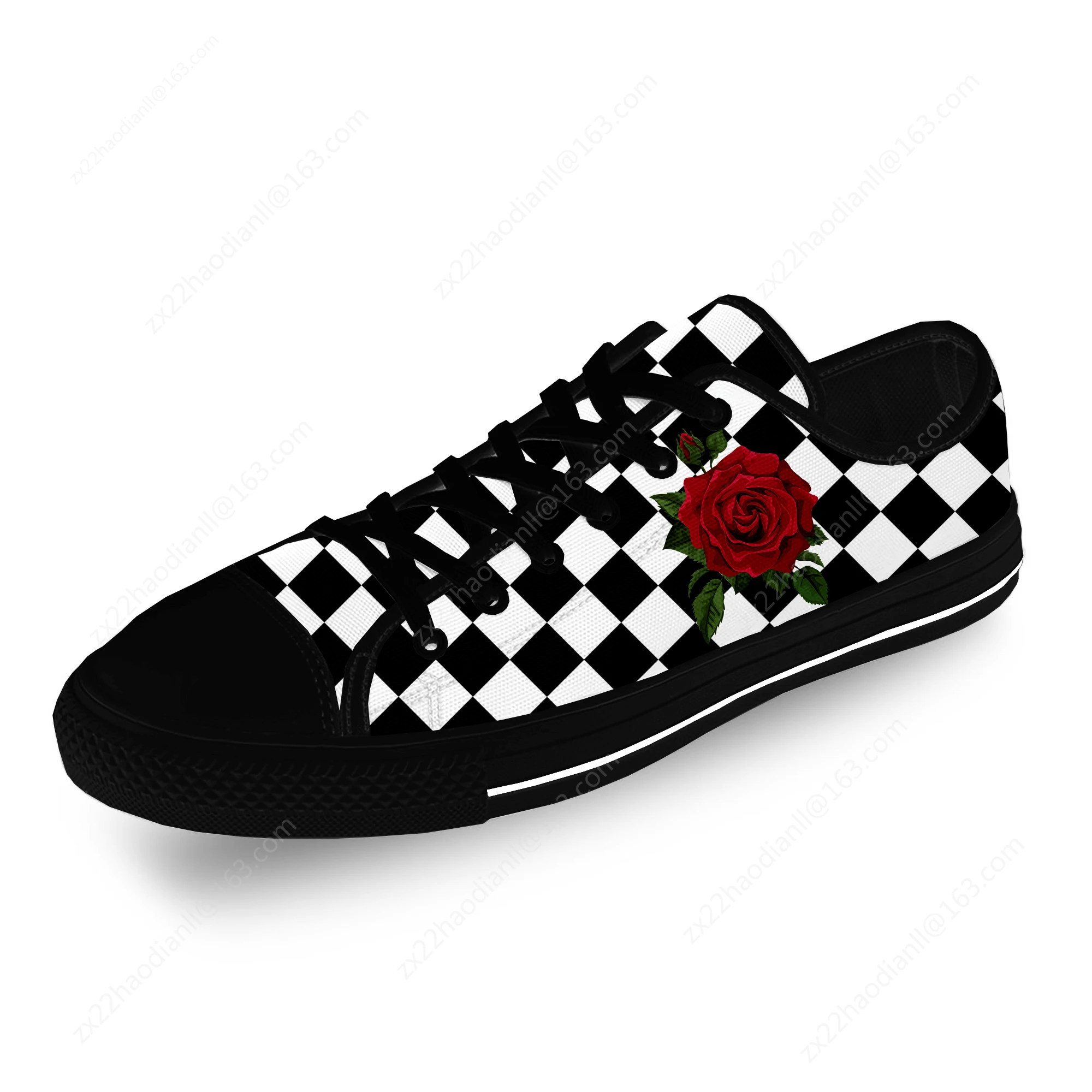 Black And White Squares Rose Flower Casual Cloth Fashion 3D Print Low Top Canvas Shoes Men Women Lightweight Breathable Sneakers