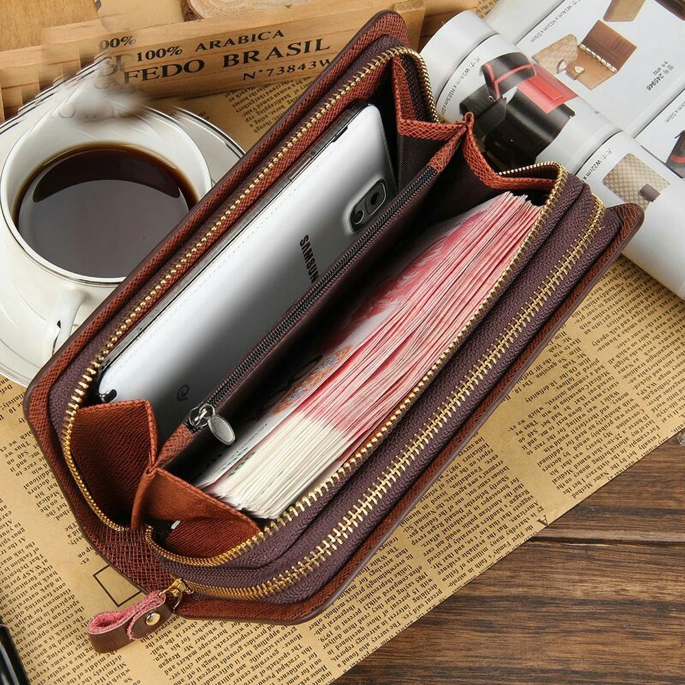 Premium PU Men's Long Wallet Multi-Functional Zipper Compartment RFID Blocking Organizer for Travel