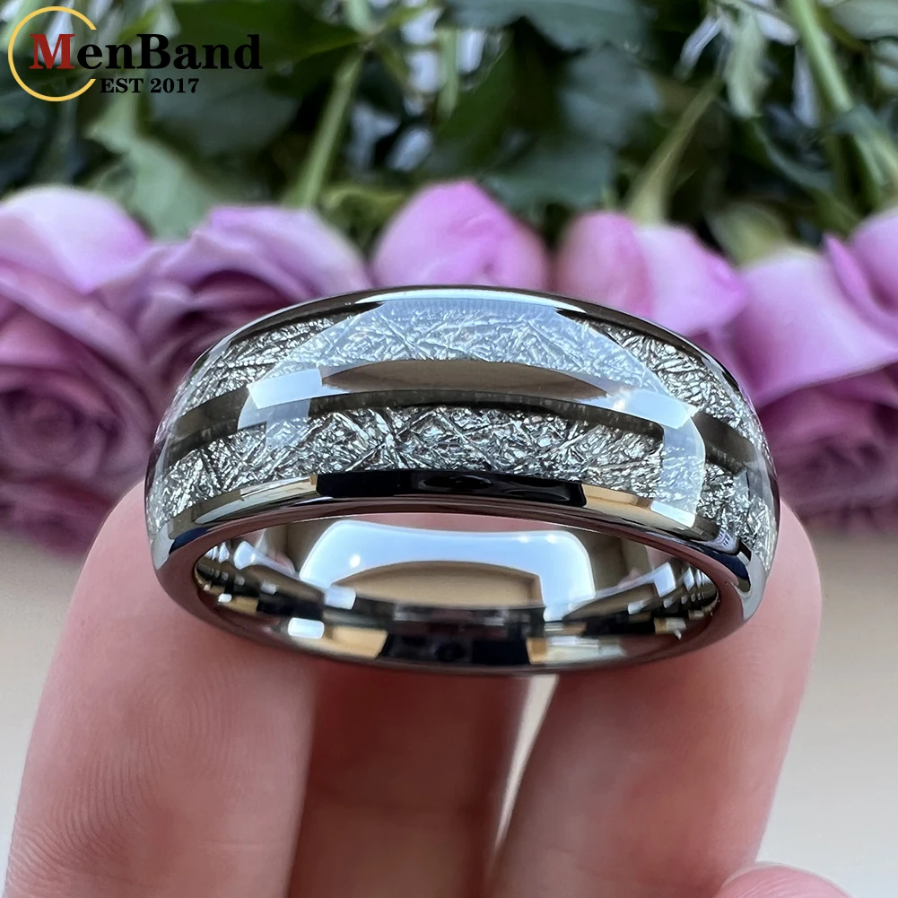 MenBand Fashion 8MM Men And Women Tungsten Wedding Band Ring With Double Groove White Meteorite Inlay Comfort Fit Size 6-15