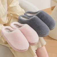 Winter Unisex Concise Solid Color Flat Plush Slippers Non-slip Warm Fluffy Mule Slides For Women Men Home Casual Cotton Shoes 1