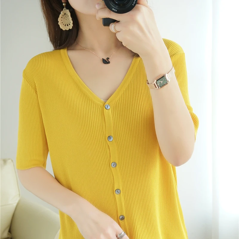 

Cardigan Women's Sweater V-Neck Short-Sleeved Knitted 2022 Summer New Ice Silk Thin Air-Conditioned Shirt Top Fashion Loose Coat