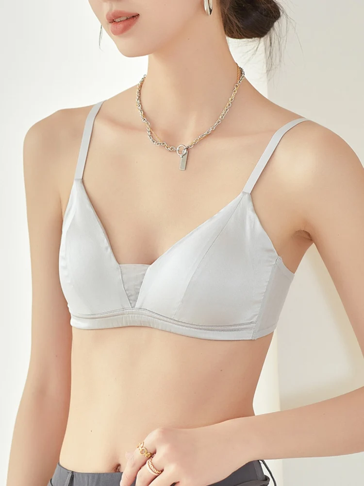 SuyaDream Women Silk Bra Set 93%Silk 7%Spandex Thin Mold Cup Wire Free Underwears 2023 Comfortable Intimates Silver Pink