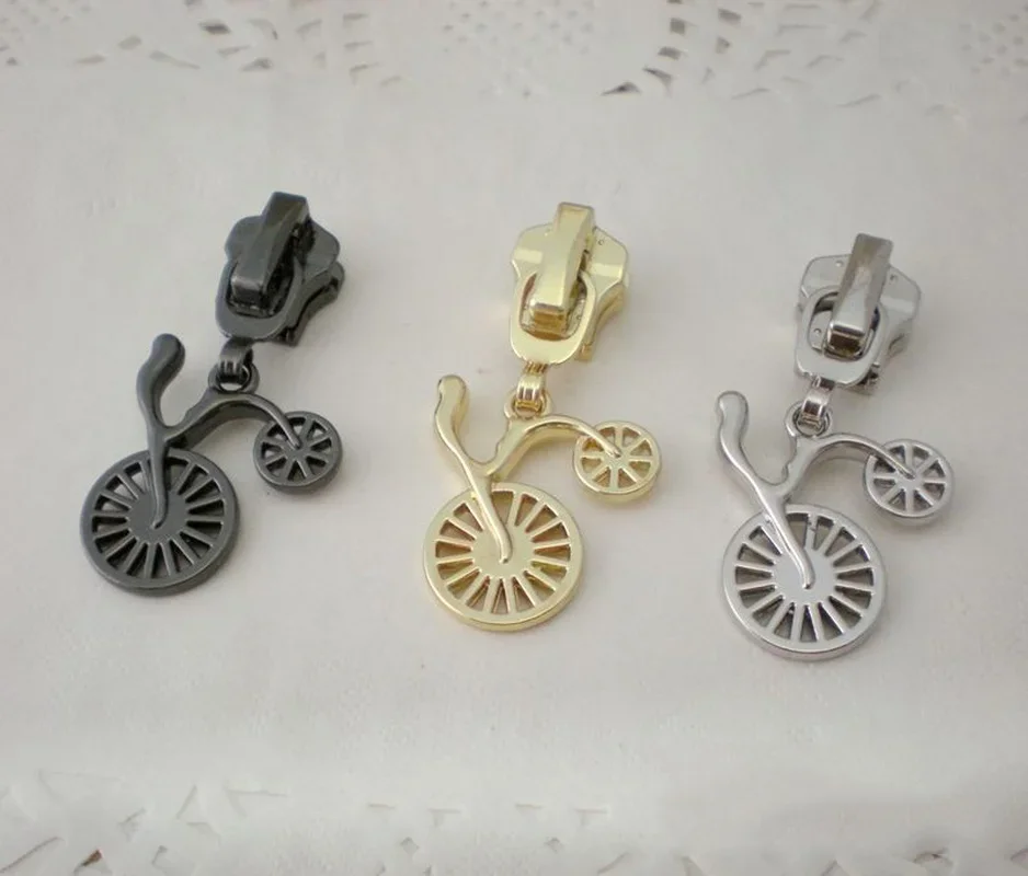 5PCS 5# Metal Zipper Slider DIY Bicycle Shape Metal Zipper Pull Head for Resin Zip DIY Coat Wallet Suitcase Accessory