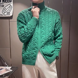 2022 Fashion Autumn Winter Green Knitted Cardigan Men Long Sleeve Slim Fit Sweater Men Zipper High Collar Knitting Jacket