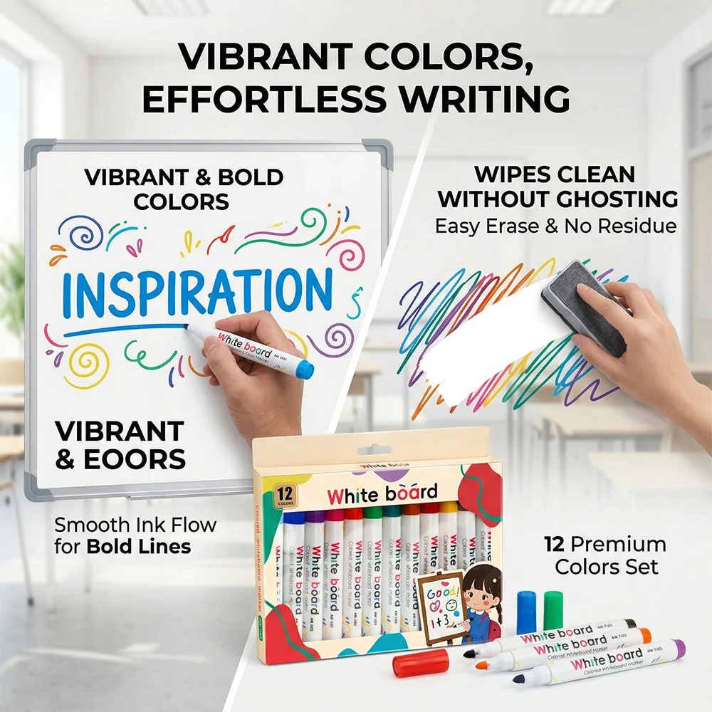 Vibrant Whiteboard Marker Set - 12 Erasable Non-Toxic Colors for Teaching, Meetings, and Creative Projects